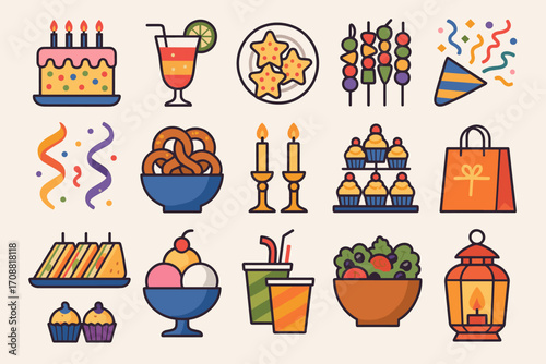 Celebration flat icon set. featuring cake, cocktail, cookies, skewers, confetti, pretzels, candles, and cupcakes