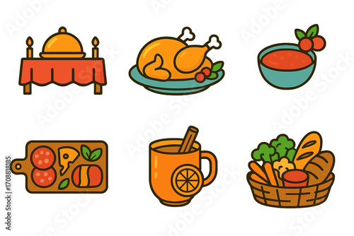Thanksgiving feast flat icon set. featuring dinner table, roast turkey, soup, charcuterie, hot drink, basket