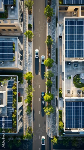 Aerial Drone Shot of Electric Cars in a Futuristic Green City with Solar Panels.