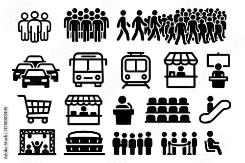 Crowd and transport silhouette icon set. featuring people, cars, bus, train, market, audience, escalator