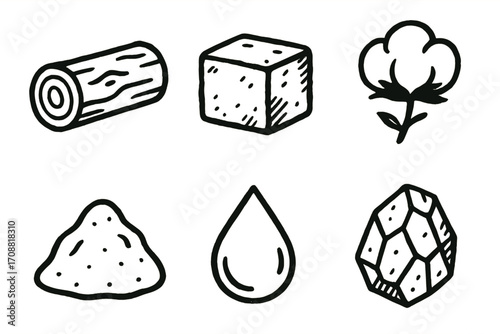 Natural resources linear icon set. featuring wood, stone, cotton, sand, water, and crystal symbols