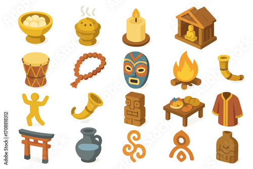 Cultural worship flat icons set. featuring bowl, incense, candle, shrine, drum, beads, mask, fire, horn, statue.