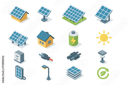 Renewable energy flat icons set. featuring solar panels, battery, eco-house, and energy-saving symbols