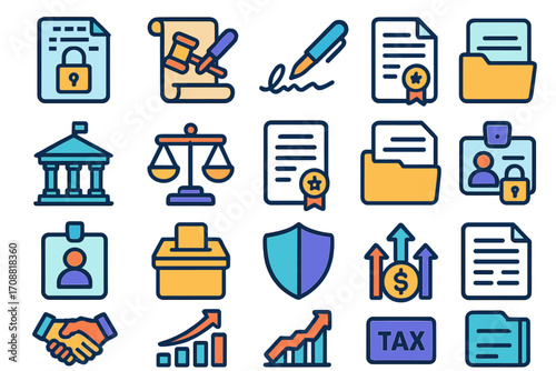 Business and legal flat icon set. featuring contract, signature, document, folder, court, balance, id, and tax symbols
