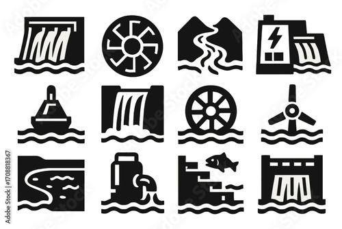 Hydroelectric energy silhouette icon set. featuring dam, turbine, river, power plant, and water symbols