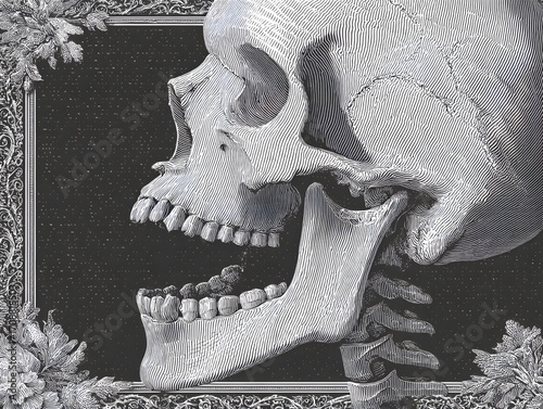 Anatomical Human Skull in Profile with Open Jaw.