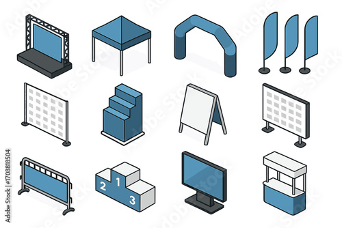 Event equipment isometric icon set. featuring stage, tent, archway, signage, podium, screen, flag, barrier, kiosk
