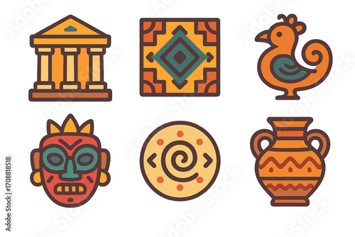 Aztec culture flat icons set. featuring temple, tile, bird, mask, spiral, and vase symbols
