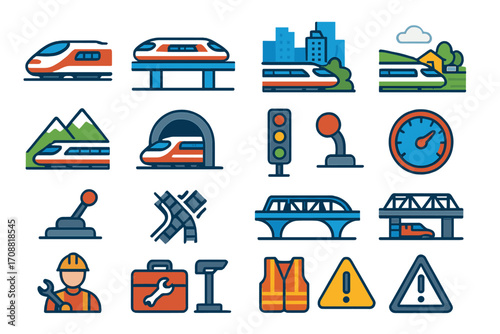 Transportation linear icon set. featuring train, bridge, traffic light, cityscape, tunnel, speedometer, safety vest, tools