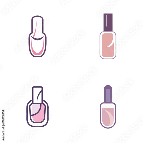 Collection of four stylized nail polish bottles in pastel colors