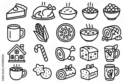 Food and drink linear icons set. featuring pie, turkey, rice, beans, bowl, mug, corn, citrus, soup, ham, and cheese