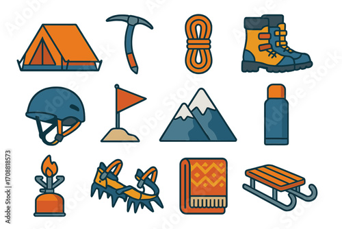 Camping equipment flat icons set. featuring tent, ice axe, rope, boots, helmet, flag, mountains, thermos, stove, crampons, blanket, sled