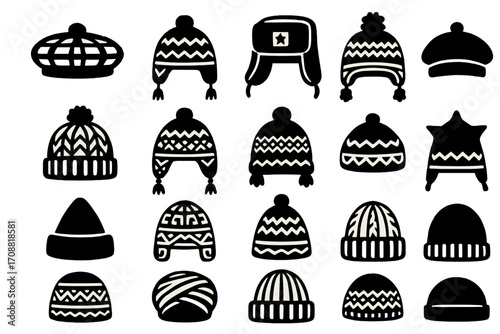 Winter hats silhouette icon set. featuring beanie, beret, ushanka, pom-pom, and knit designs
