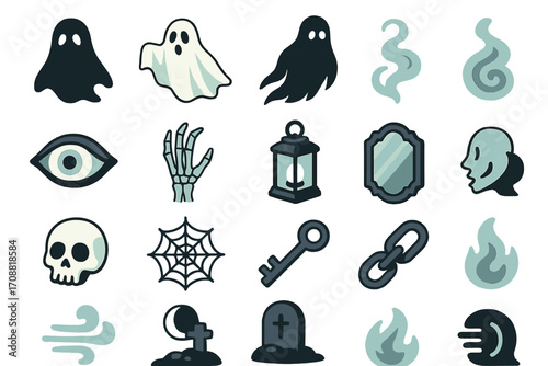 Halloween silhouette icons set. featuring ghost, skull, spider web, lantern, mirror, key, and tombstone designs