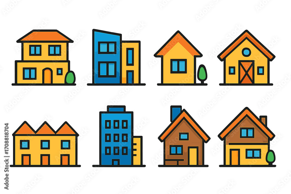 Fototapeta premium Residential buildings flat icon set. featuring skyscraper, house, cottage, barn, apartment, and townhouse structures.