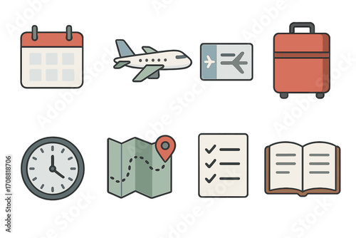 Travel and planning flat icon set. featuring calendar, airplane, boarding pass, luggage, clock, map, checklist, and book
