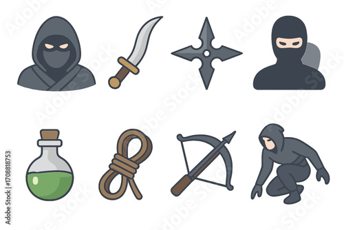 Ninja equipment flat icon set. featuring ninja, sword, shuriken, hood, potion, rope, bow, stealth symbols