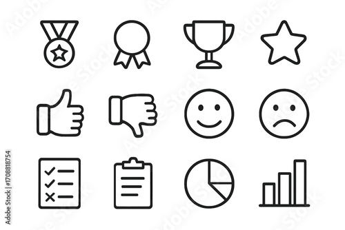 Achievement and feedback linear icon set. featuring medal, ribbon, trophy, star, thumbs up, thumbs down, smiley, sad face, checklist, clipboard, pie chart, bar graph