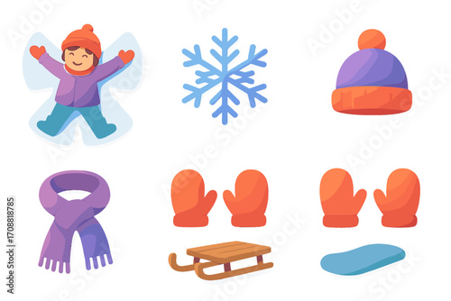 Winter activities flat icon set. featuring snow angel, snowflake, beanie, scarf, mittens, sled, and ice patch