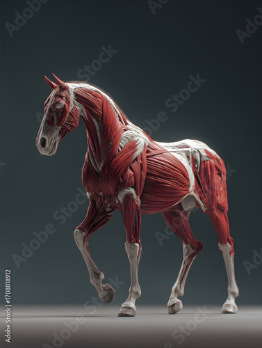 Detailed anatomical illustration of a horses musculature and skeletal structure.