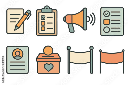 Election linear icon set. featuring ballot, voting, election, megaphone, checklist, id card, and flag symbols