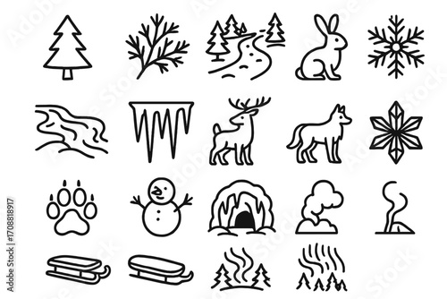 Winter and nature silhouette icon set. featuring tree, snowflake, river, deer, wolf, rabbit, and sled icons