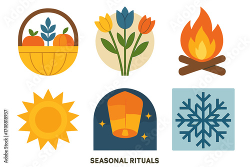 Seasonal rituals flat icon set. featuring harvest basket, flowers, bonfire, sun, lantern, and snowflake symbols