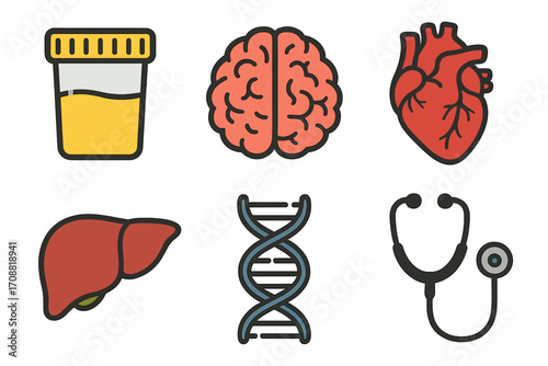 Medical and health flat icon set. featuring urine, brain, heart, liver, dna, and stethoscope symbols