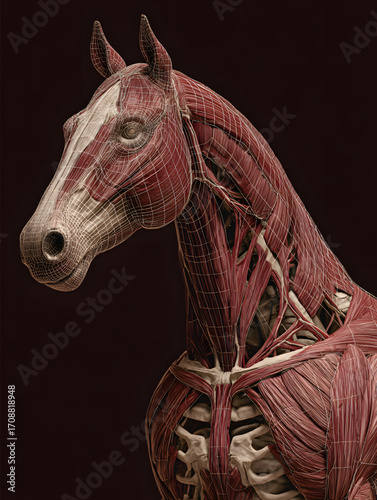 Detailed Horse Anatomy: Muscular Structure and Skeletal System.