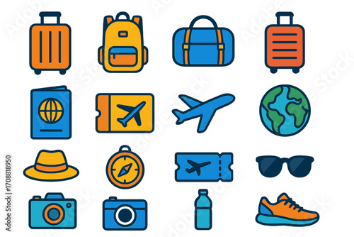 Travel and adventure colorful icon set. featuring suitcase, backpack, ticket, airplane, globe, and camera symbols