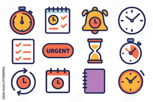 Time management silhouette icon set. featuring clock, calendar, alarm, checklist, urgent, and timer graphics.