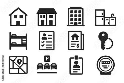 Real estate silhouette icon set. featuring house, apartment, kitchen, contract, key, parking, and map symbols