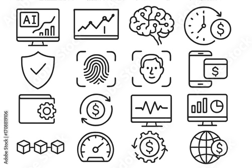 Technology and security linear icon set. featuring ai, analytics, fingerprint, face id, blockchain, and global connectivity