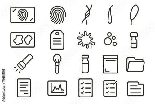 Forensic analysis linear icon set. includes fingerprint, dna, evidence tag, flashlight, and file folder symbols