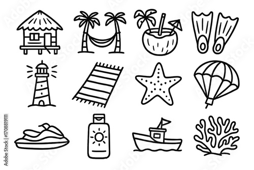 Beach vacation linear icon set. featuring hut, palm trees, coconut, snorkel, lighthouse, starfish, and coral symbols