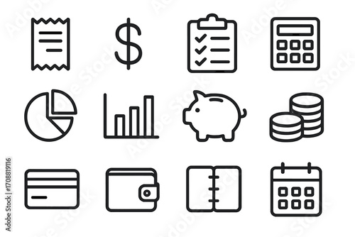 Financial management linear icon set. featuring receipt, dollar, checklist, calculator, pie chart, graph, piggy bank, and coins