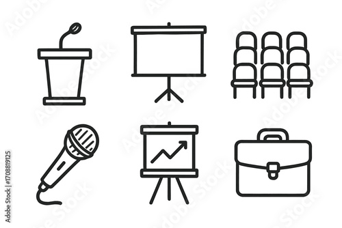 Conference equipment linear icon set. featuring podium, projector screen, audience, microphone, chart, briefcase