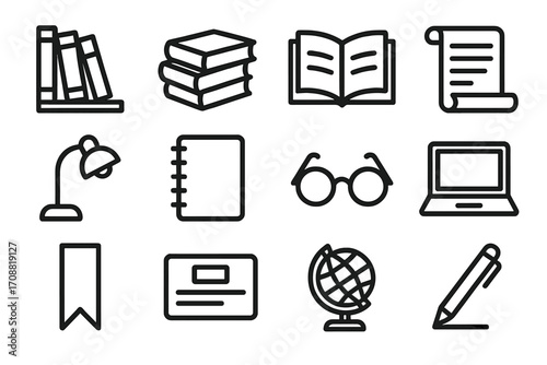 Education linear icon set. featuring bookshelf, stack of books, open book, scroll, lamp, notebook, glasses, laptop, bookmark, id card, globe, pen symbols