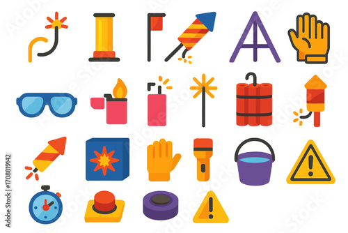 Safety and warning flat icon set. featuring explosives, firecrackers, dynamite, caution signs, protective gear