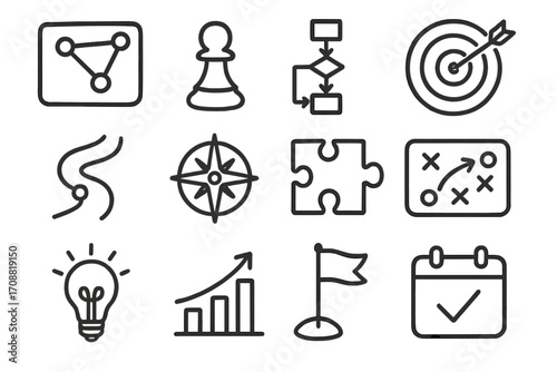 Business strategy linear icon set. featuring team, planning, goal, map, puzzle, analysis, and growth symbols