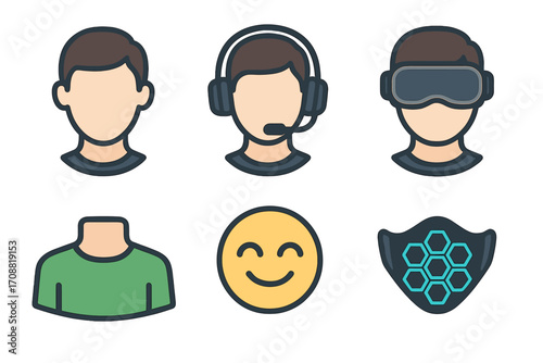 Avatar silhouette icon set. featuring headset, vr, shield, smiley, and collar symbols
