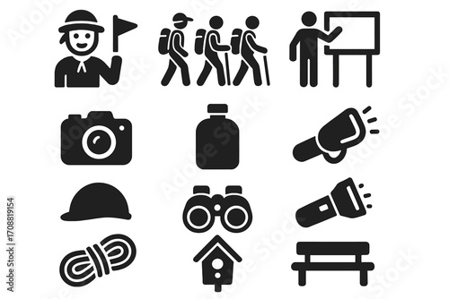 Camping and hiking silhouette icon set. featuring hiker, guide, presentation, camera, map, flashlight, rope, binoculars, birdhouse, bench