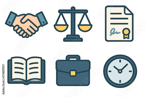 Business and legal flat icon set. featuring handshake, scales, contract, book, briefcase, and clock symbols