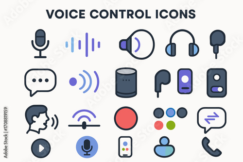 Voice control flat icon set. featuring microphone, soundwave, headphones, speaker, voice command, and smart assistant symbols