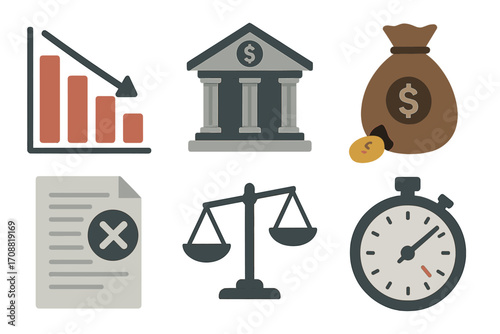 Finance silhouette icons set. featuring bank, chart, money bag, document, scale, and stopwatch