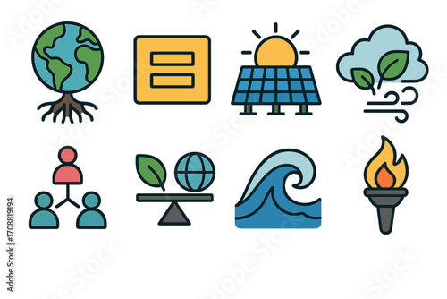 Environmental conservation flat icon set. featuring earth, solar panel, wind, teamwork, balance, ocean wave, torch