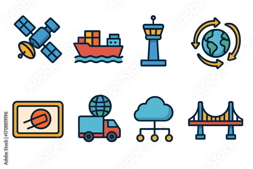 Transport and logistics flat icon set. featuring satellite, cargo ship, control tower, global network, delivery truck, cloud network, bridge