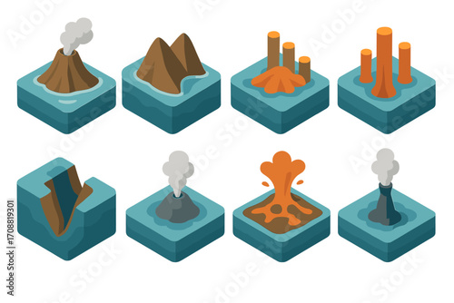 Volcanoes flat icon set. featuring volcano, mountain, fumarole, lava columns, canyon, and eruption symbols
