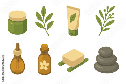 Spa and wellness flat icon set. featuring cream, leaves, tube, dropper, bottle, soap, stones