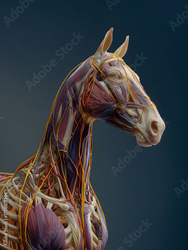 Anatomical study of a horses head and neck revealing muscles and veins.